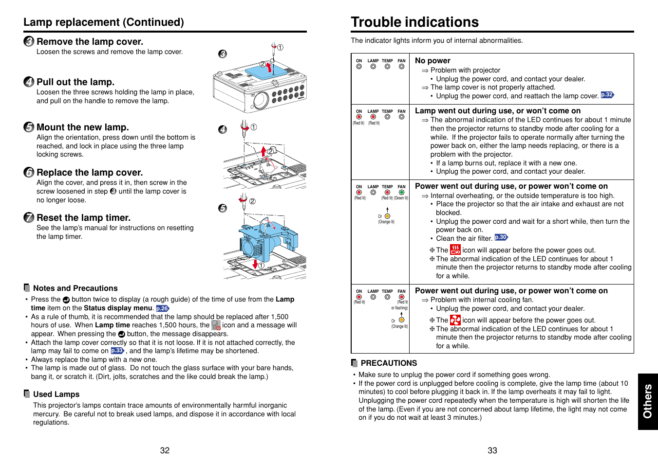 Others, Trouble indications, P.32 | P.33, Other s, Lamp replacement (continued) | Toshiba TDP-D1-US User Manual | Page 17 / 20