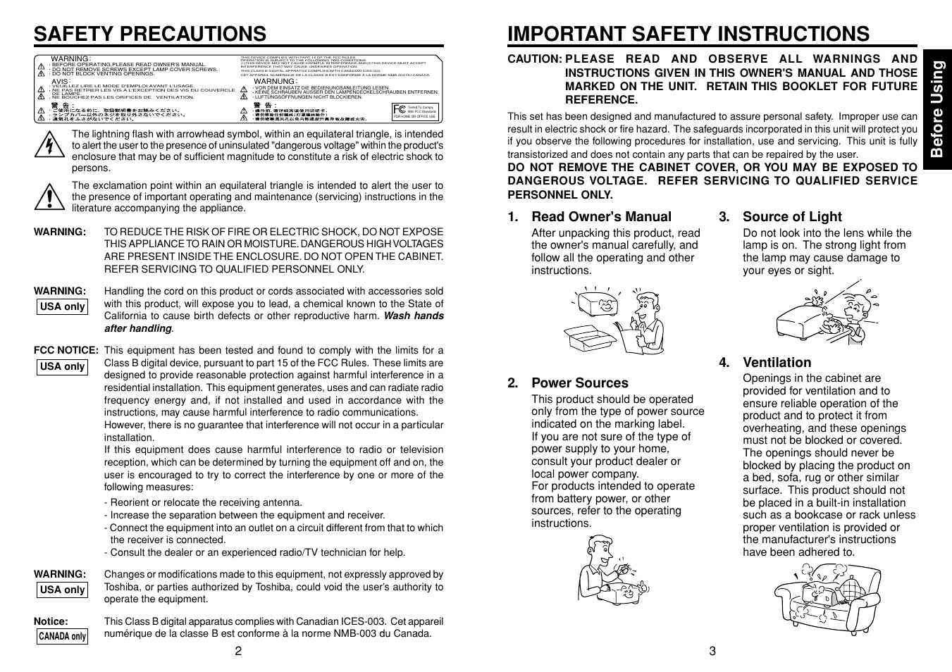 Before using, Safety precautions, Important safety instructions | Important safety instructions safety precautions, Bef ore using, Read owner's manual, Power sources, Source of light, Ventilation | Toshiba TDP-D1-US User Manual | Page 2 / 20