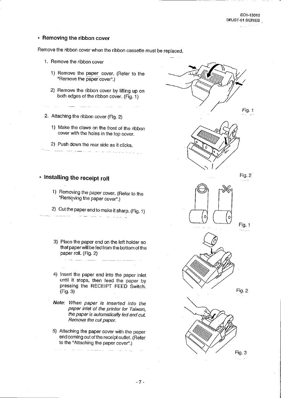 Removing the ribbon cover, Installing the receipt roll | Toshiba TEC DRJST-51 User Manual | Page 12 / 19