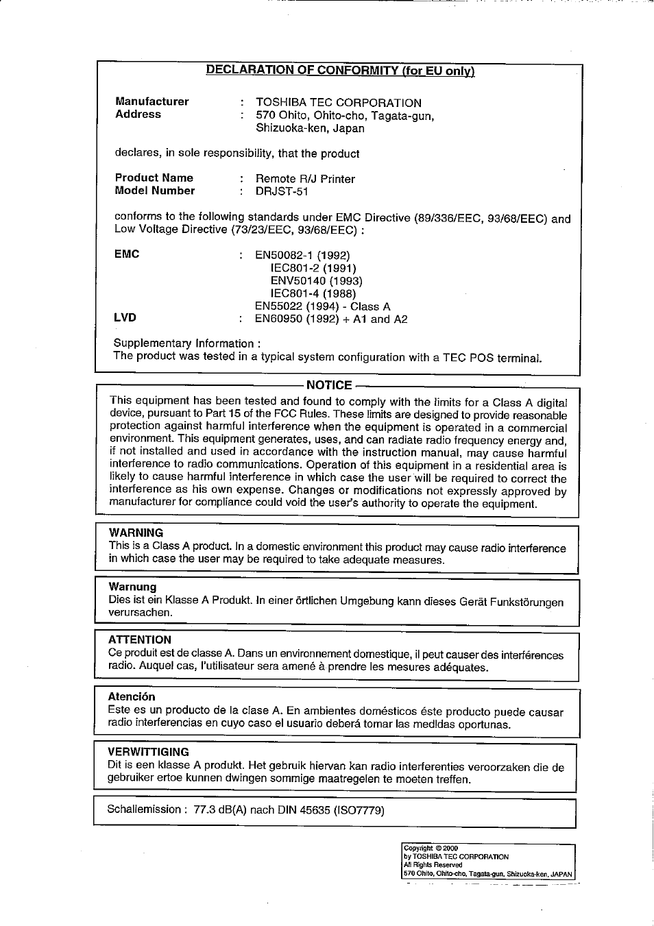 Warning, Warnung, Attention | Atención, Verwittiging | Toshiba TEC DRJST-51 User Manual | Page 2 / 19