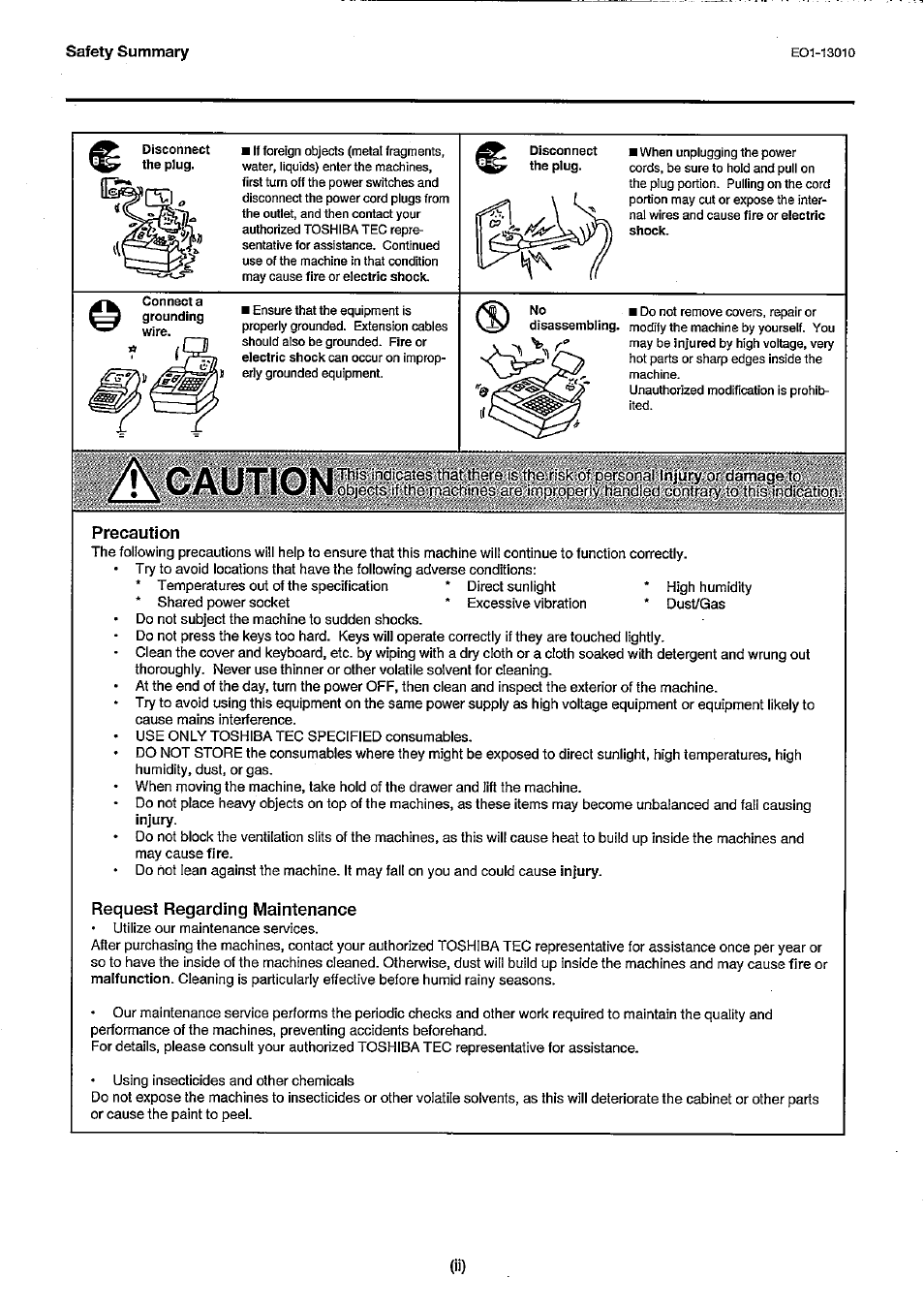 Precaution, Request regarding maintenance, Caution | Toshiba TEC DRJST-51 User Manual | Page 4 / 19