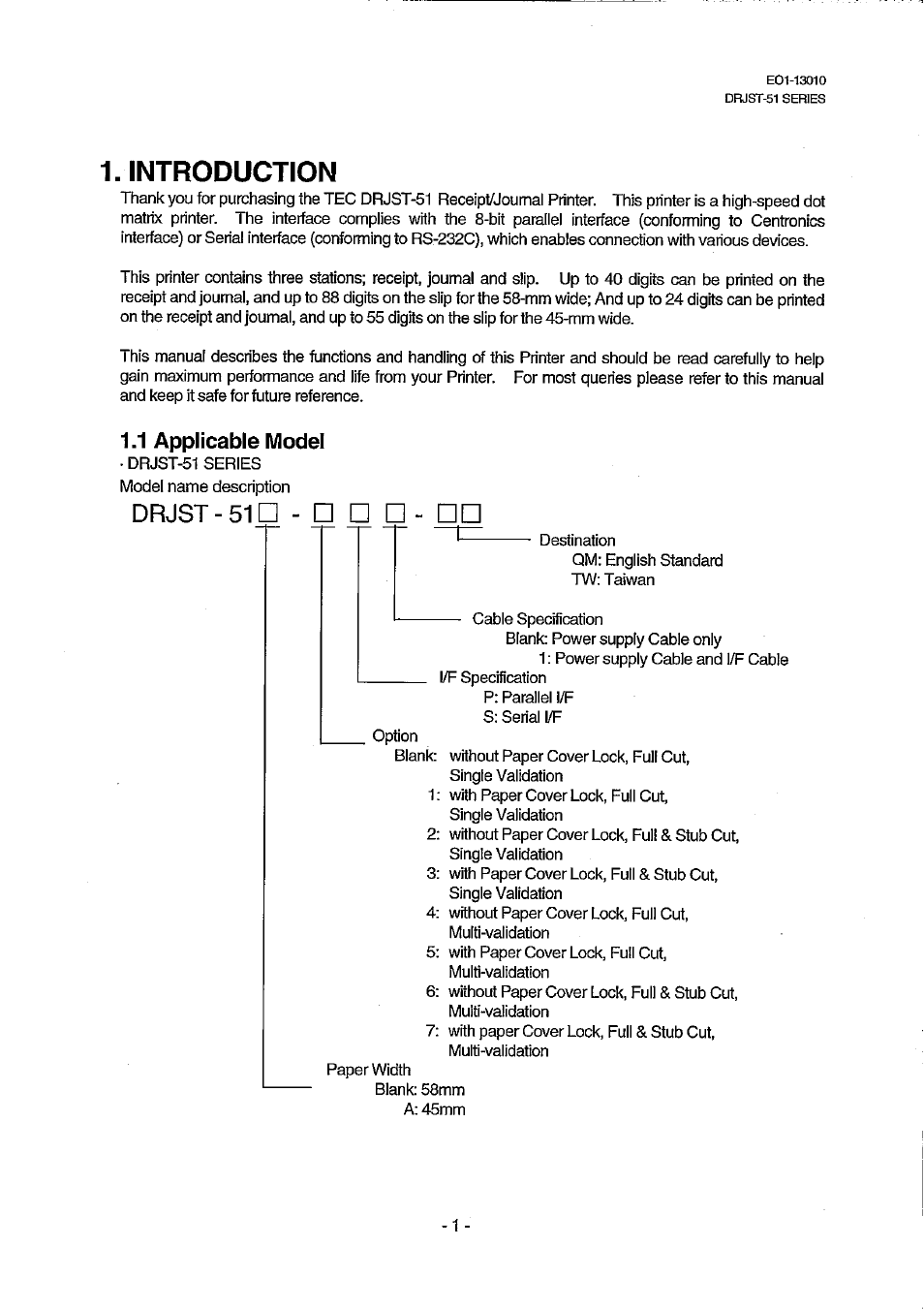 Introduction, 1 applicable model, Drjst-51d | Toshiba TEC DRJST-51 User Manual | Page 6 / 19