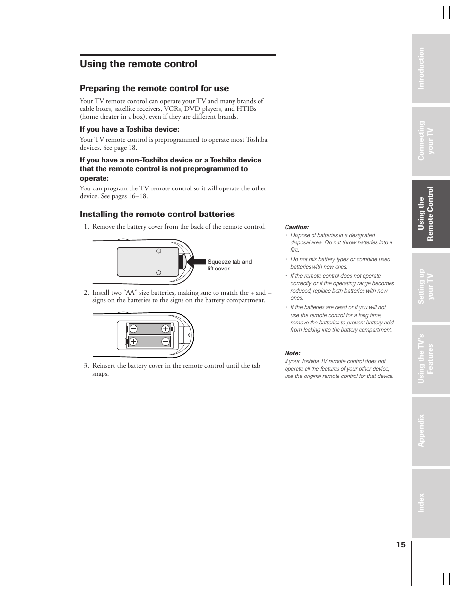 Using the remote control, Preparing for use, Preparing the remote control for use | Installing the remote control batteries | Toshiba 34HF83 User Manual | Page 15 / 60