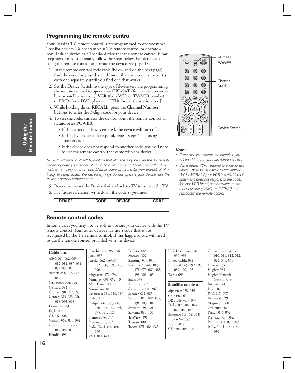 Programming / remote control codes, Programming the remote control, Remote control codes | Toshiba 34HF83 User Manual | Page 16 / 60