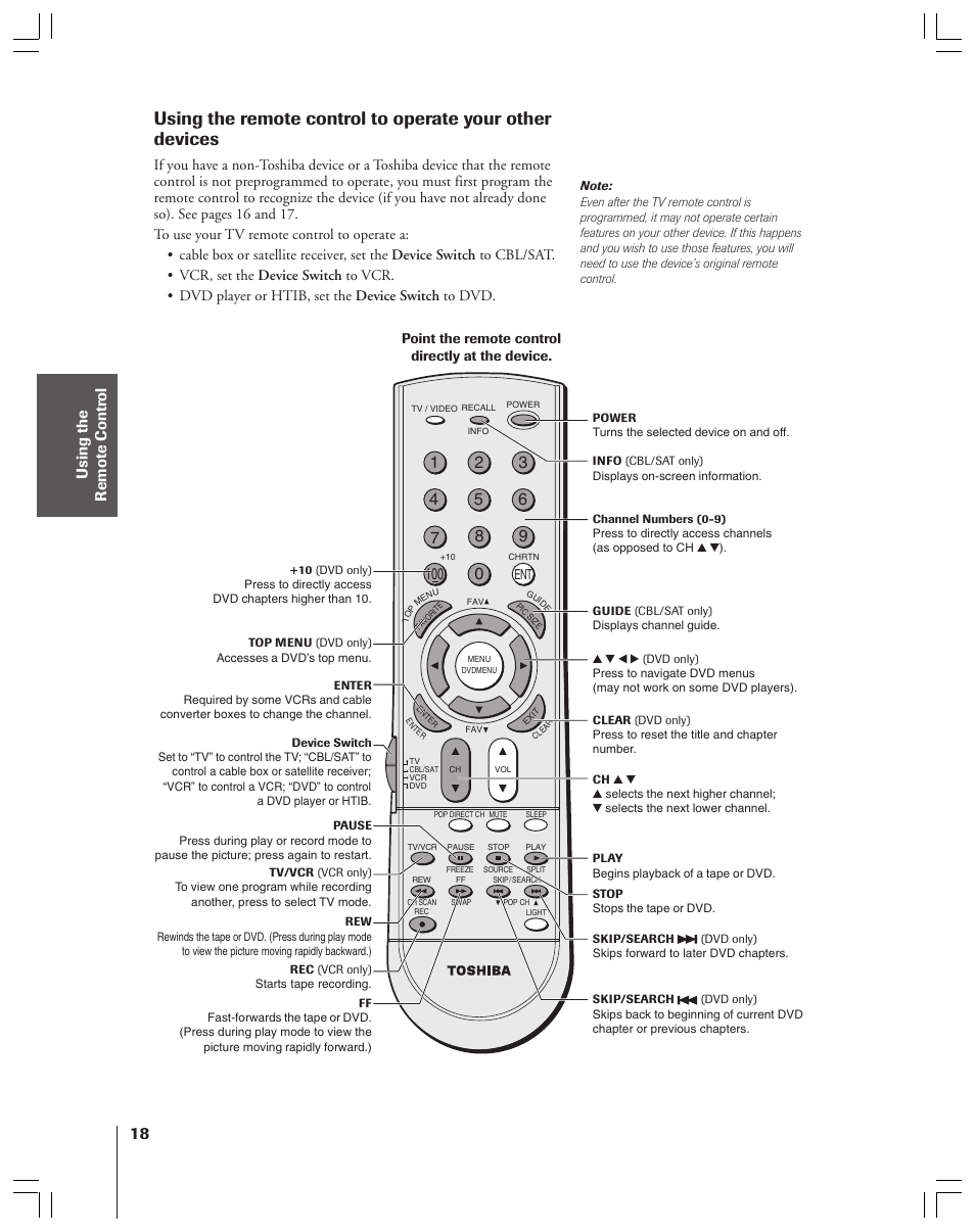 Using to operate your other devices | Toshiba 34HF83 User Manual | Page 18 / 60