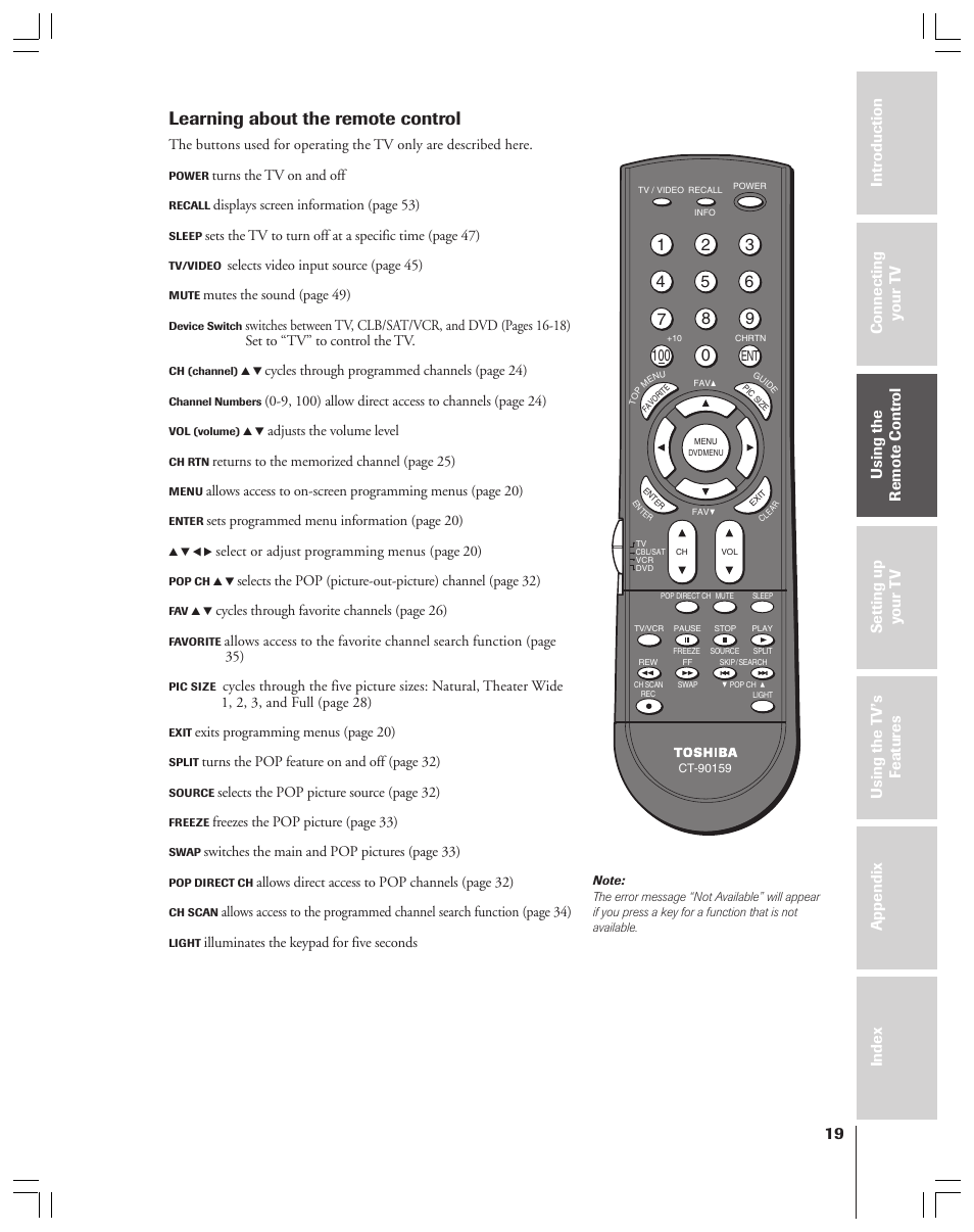 Learning about the remote control | Toshiba 34HF83 User Manual | Page 19 / 60