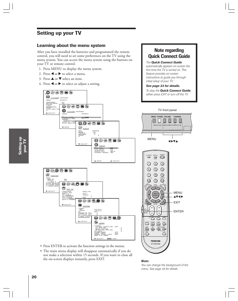 Setting up your tv, Learning about the menu system, Yzx • enter menu menu x •zy tv front panel | Exit | Toshiba 34HF83 User Manual | Page 20 / 60