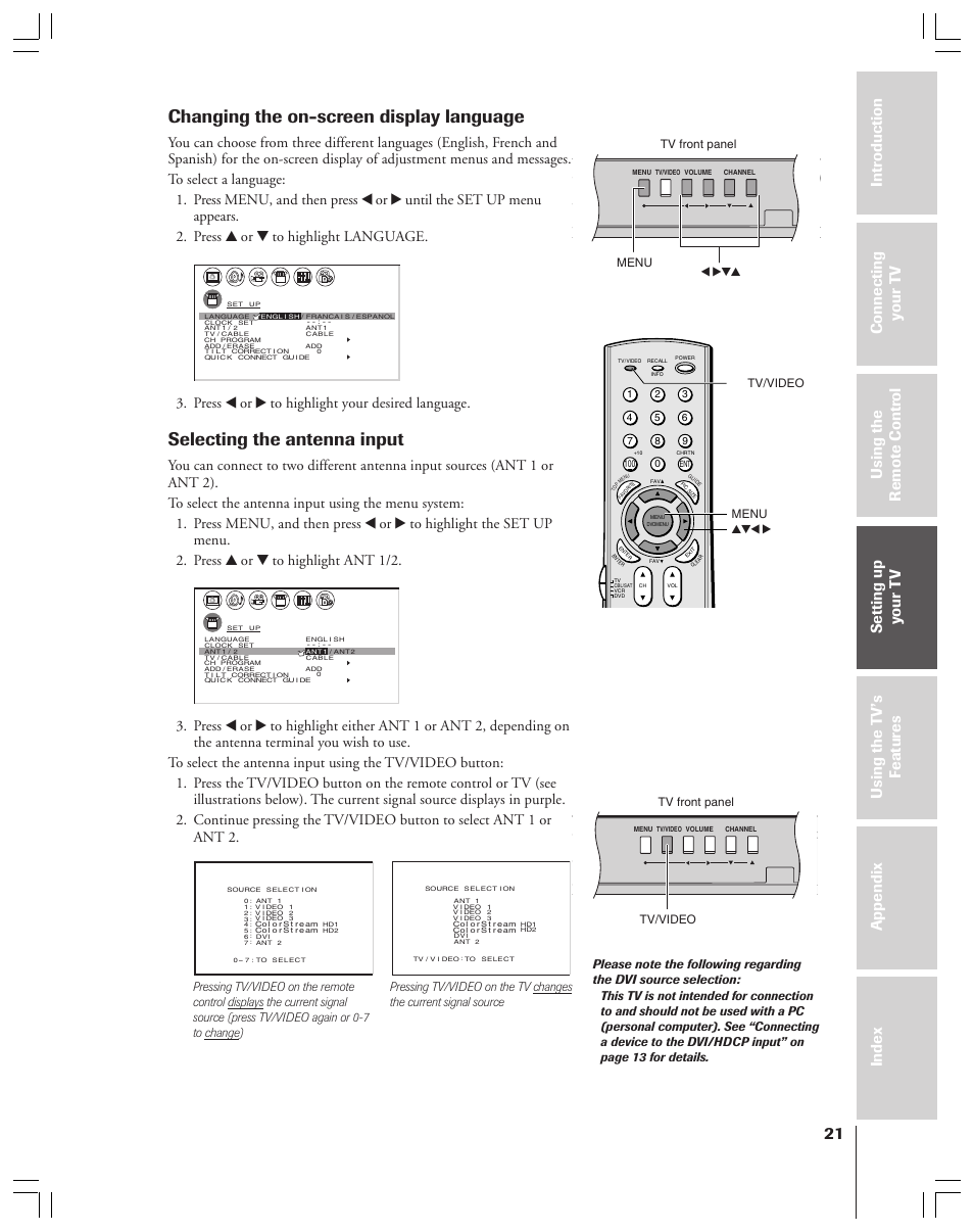 Changing the on-screen display language, Selecting the antenna input, Press x or • to highlight your desired language | Menu x •zy menu yzx • tv/video, Tv front panel, Tv/video tv front panel | Toshiba 34HF83 User Manual | Page 21 / 60