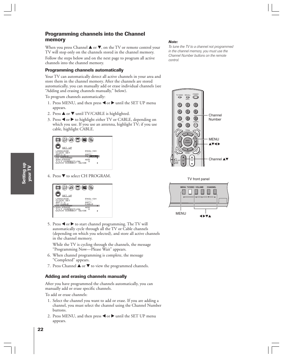 Programming channels into the channel memory, Programming channels automatically, Adding and erasing channels manually | Press z to select ch program, Menu yzx • channel yz, Menu x •zy tv front panel channel number | Toshiba 34HF83 User Manual | Page 22 / 60