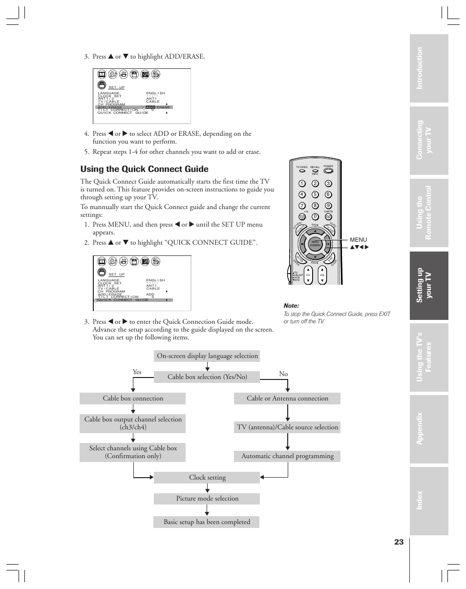 Quick connect guide, Using the quick connect guide, Press y or z to highlight add/erase | Yes no, Basic setup has been completed, Menu yzx | Toshiba 34HF83 User Manual | Page 23 / 60