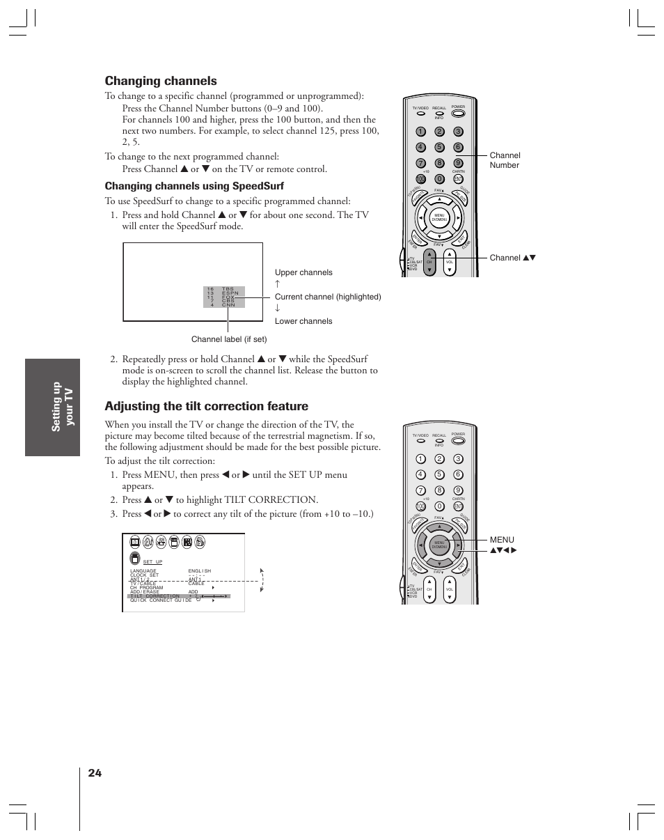 Changing channels / adjusting the tilt correction, Changing channels, Adjusting the tilt correction feature | Changing channels using speedsurf, Menu yzx | Toshiba 34HF83 User Manual | Page 24 / 60