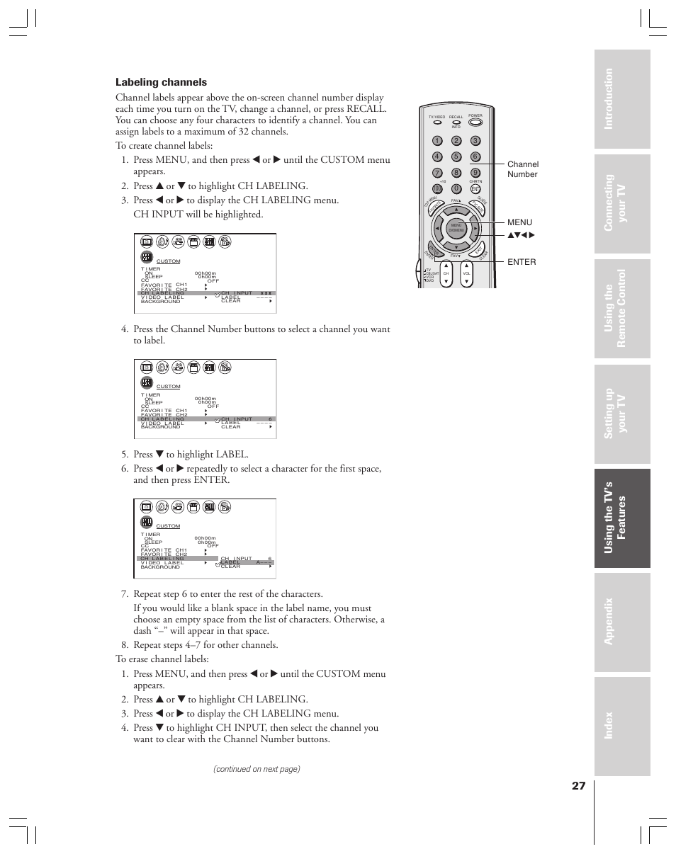 Labeling channels, Continued on next page), Yzx • channel number menu | Enter | Toshiba 34HF83 User Manual | Page 27 / 60