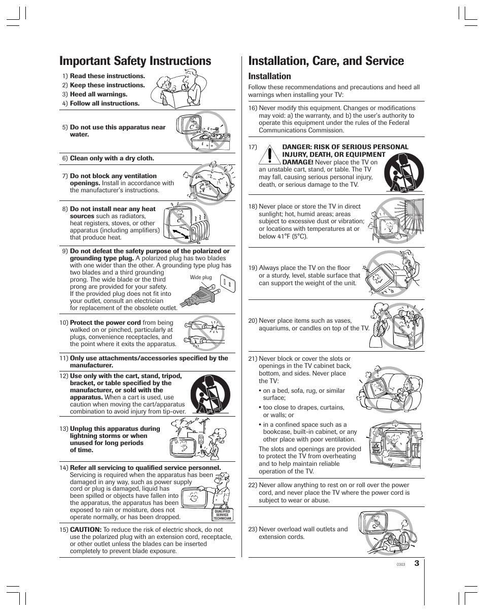 Safety instructions, Installation, care, and service, Important safety instructions | Installation | Toshiba 34HF83 User Manual | Page 3 / 60