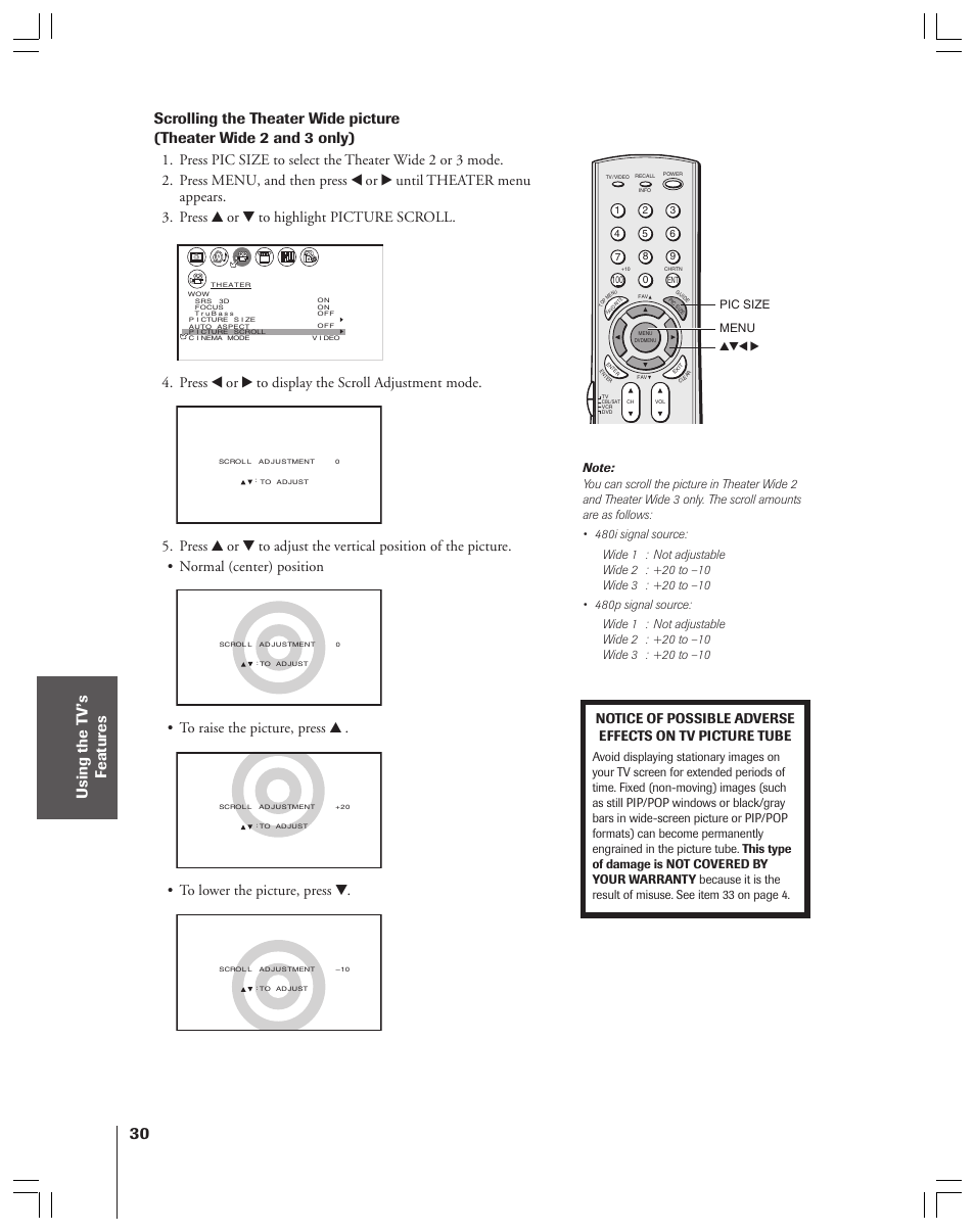 Press x or • to display the scroll adjustment mode, Pic size menu | Toshiba 34HF83 User Manual | Page 30 / 60