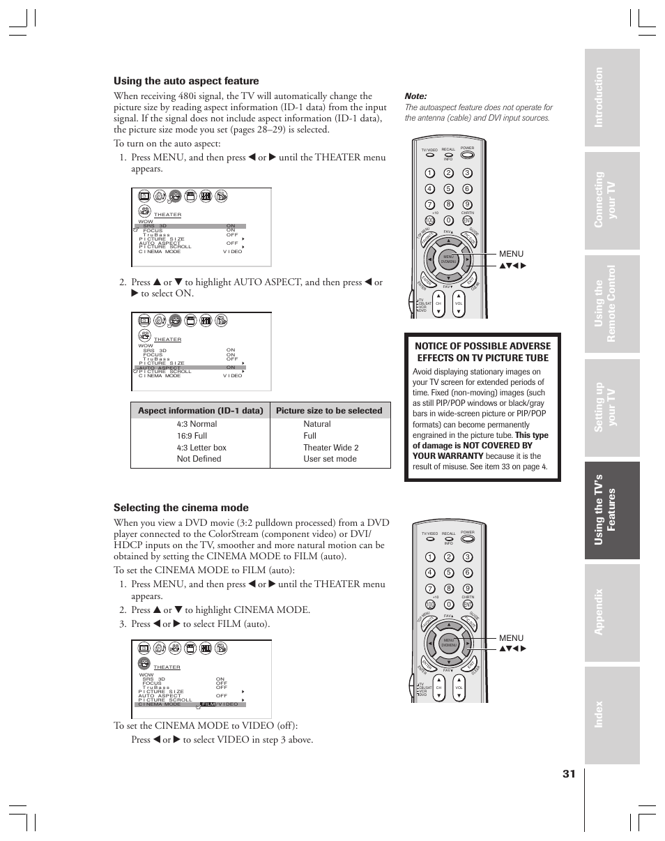 Using the auto aspect feature, Selecting the cinema mode, Yzx • menu | Toshiba 34HF83 User Manual | Page 31 / 60