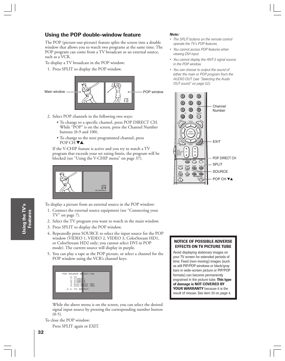 Pop double window, Using the pop double-window feature | Toshiba 34HF83 User Manual | Page 32 / 60