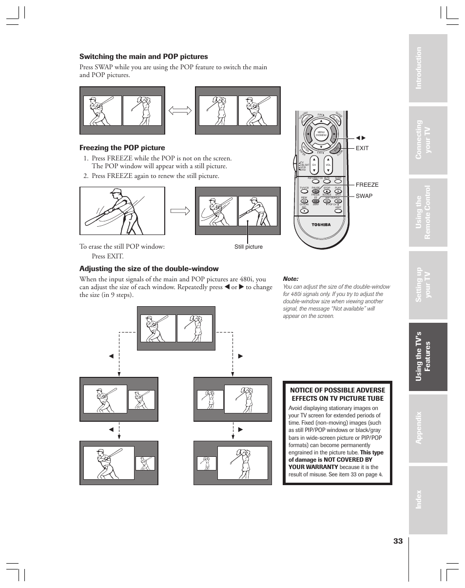 Switching the main and pop pictures, Freezing the pop picture, Adjusting the size of the double-window | Toshiba 34HF83 User Manual | Page 33 / 60