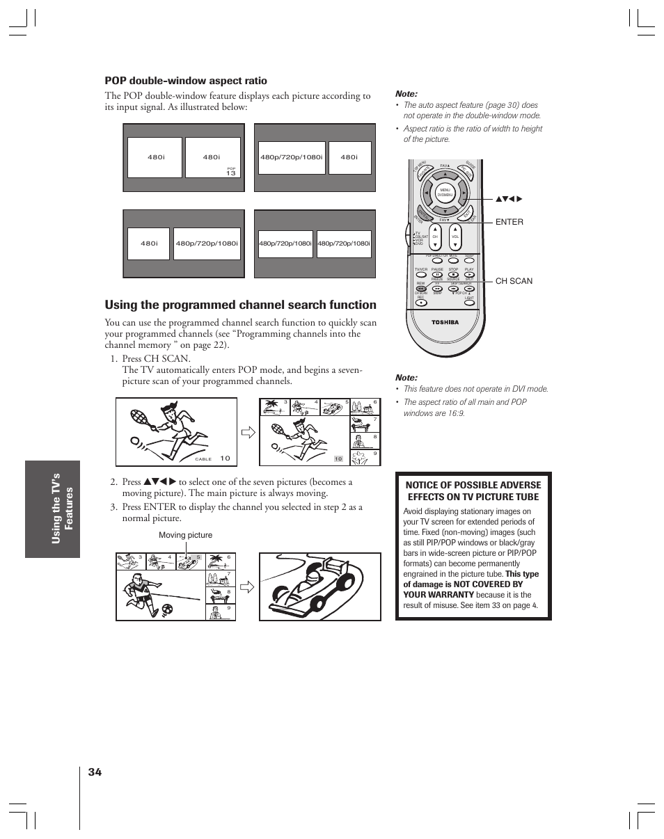 Programmed channel search, Using the programmed channel search function, Pop double-window aspect ratio | Toshiba 34HF83 User Manual | Page 34 / 60