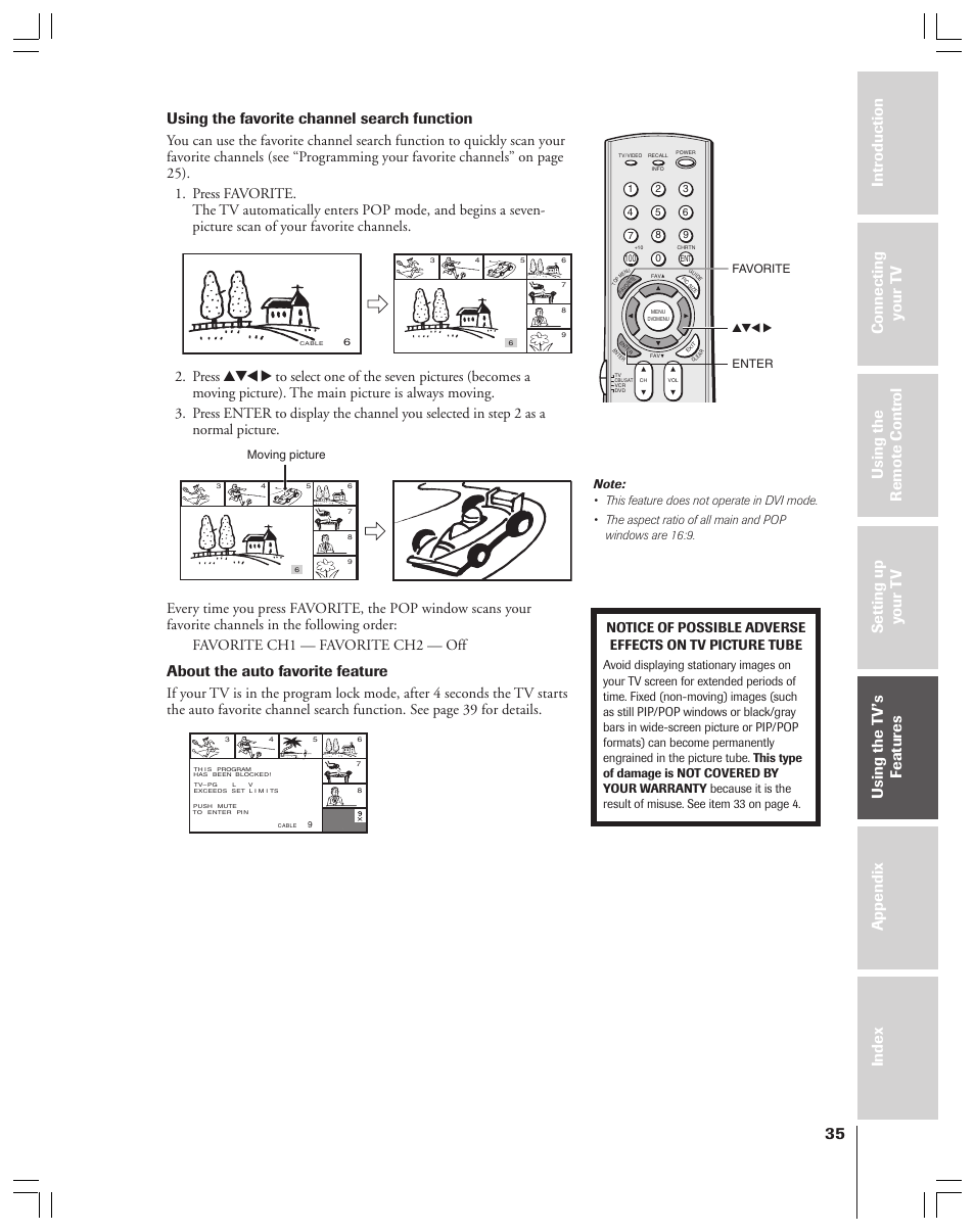 Using the favorite channel search function, About the auto favorite feature | Toshiba 34HF83 User Manual | Page 35 / 60