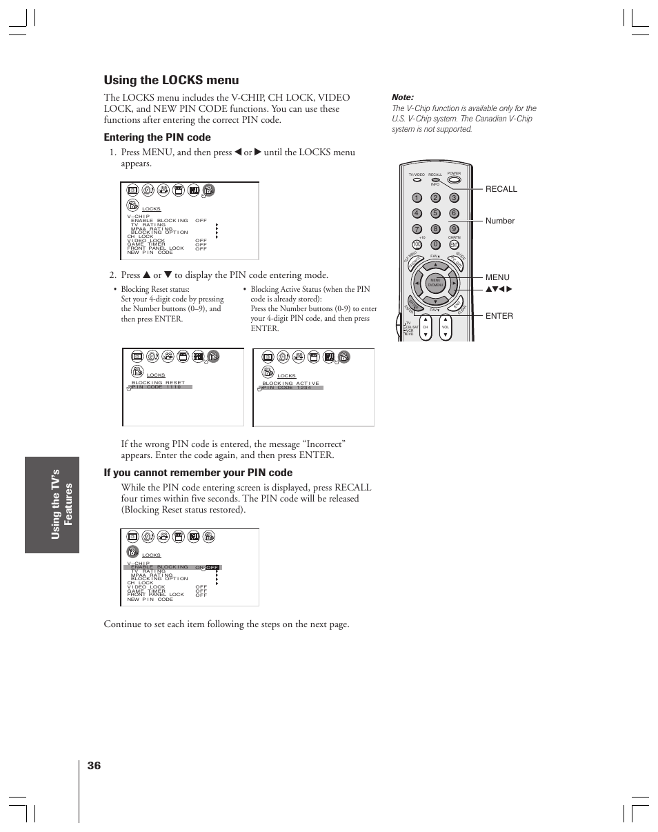 Locks menu, Using the locks menu, Entering the pin code | If you cannot remember your pin code, Press y or z to display the pin code entering mode, Yzx • recall number menu, Enter | Toshiba 34HF83 User Manual | Page 36 / 60