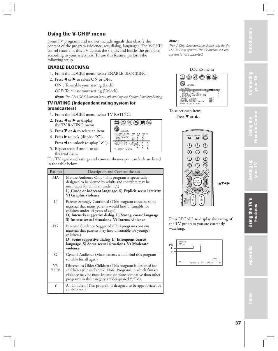 V-chip menu, Using the v-chip menu, Enable blocking | Locks menu | Toshiba 34HF83 User Manual | Page 37 / 60