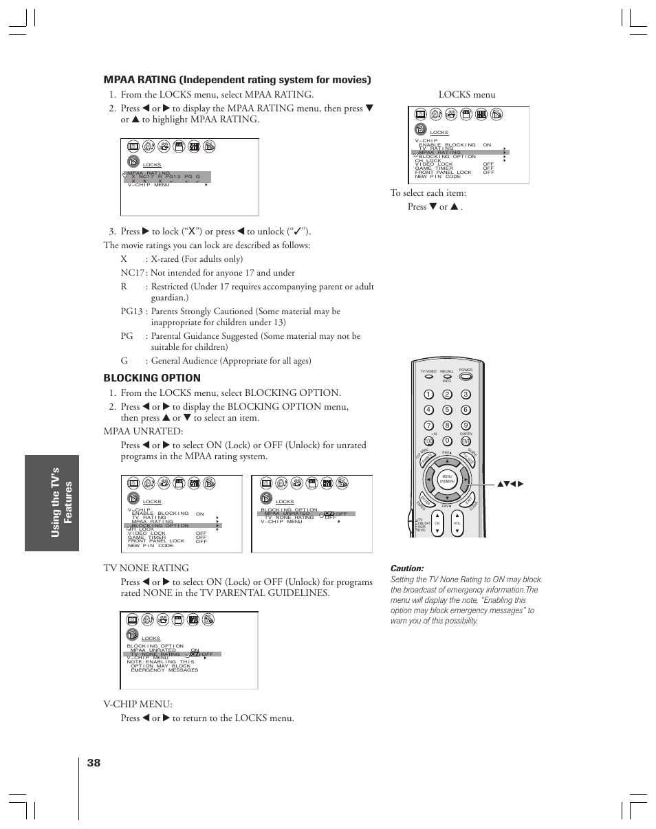 Mpaa rating (independent rating system for movies), Blocking option, Press • to lock (“x”) or press x to unlock (“✓”) | Toshiba 34HF83 User Manual | Page 38 / 60