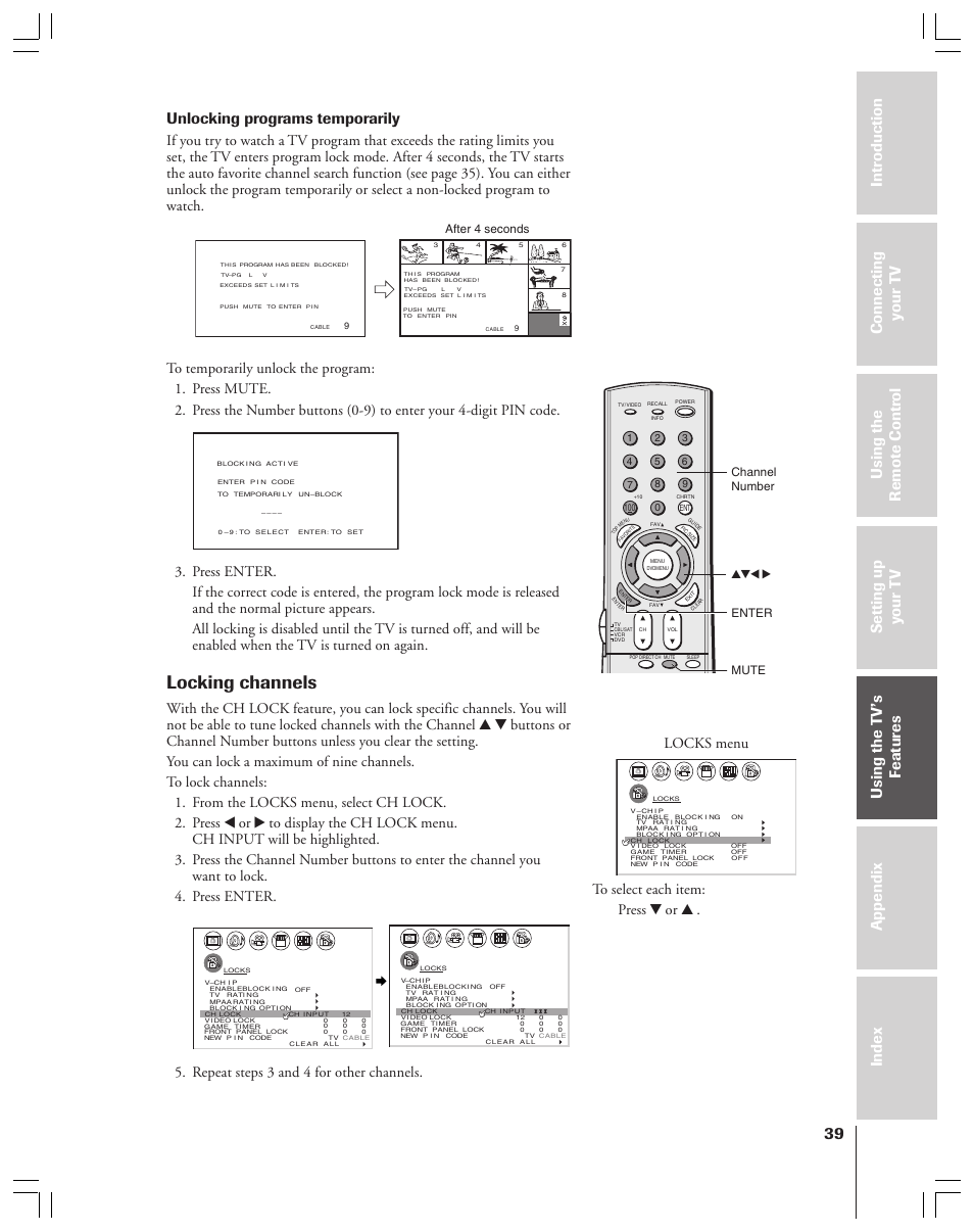 Locking channels, Unlocking programs temporarily, Repeat steps 3 and 4 for other channels | Locks menu, Enter yzx • mute after 4 seconds channel number | Toshiba 34HF83 User Manual | Page 39 / 60