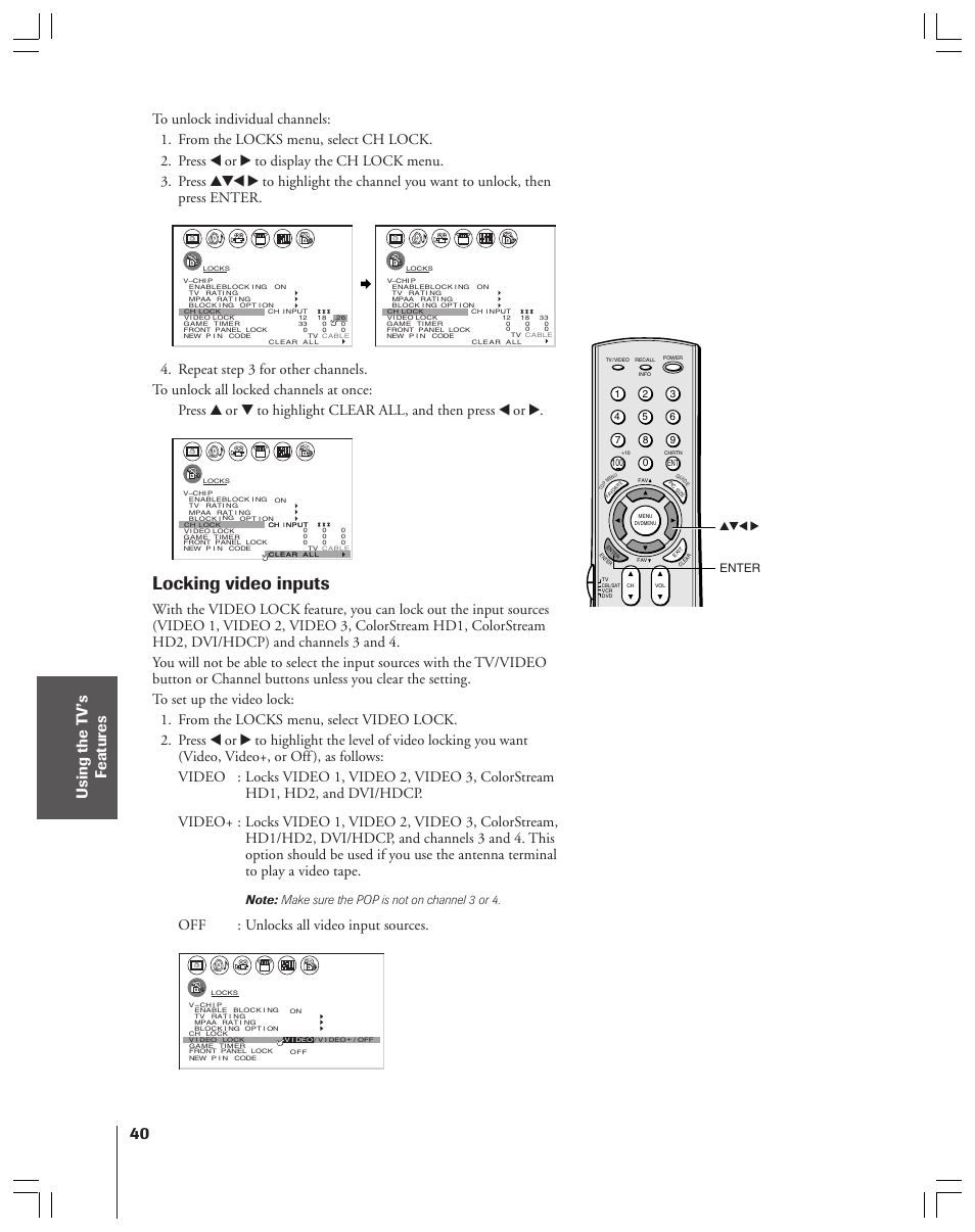 Locing video inputs, Locking video inputs, Off : unlocks all video input sources | Enter yzx | Toshiba 34HF83 User Manual | Page 40 / 60