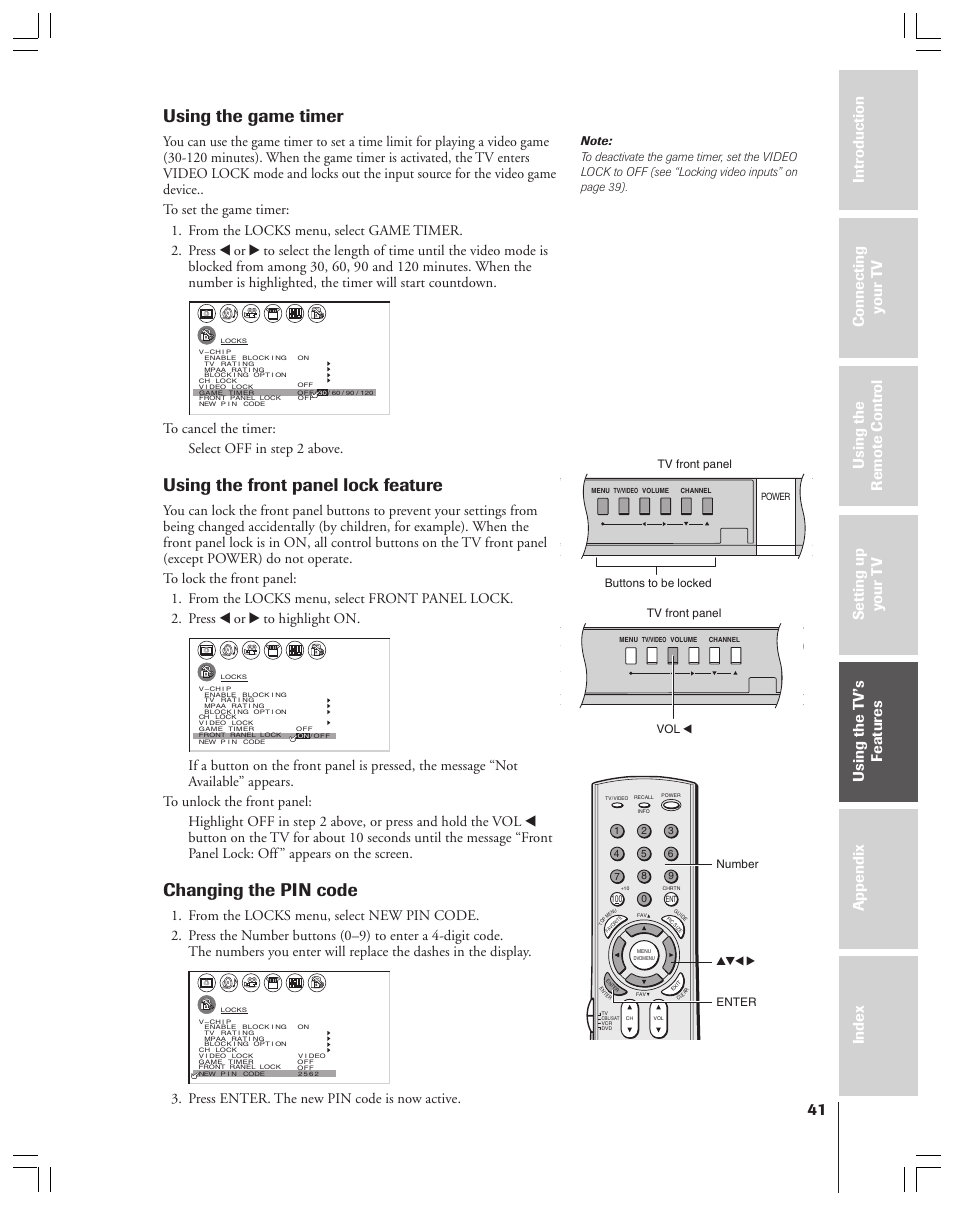 Using the game timer, Using the front panel lock feature, Changing the pin code | Press enter. the new pin code is now active, Enter number buttons to be locked tv front panel, Vol x tv front panel, Power | Toshiba 34HF83 User Manual | Page 41 / 60