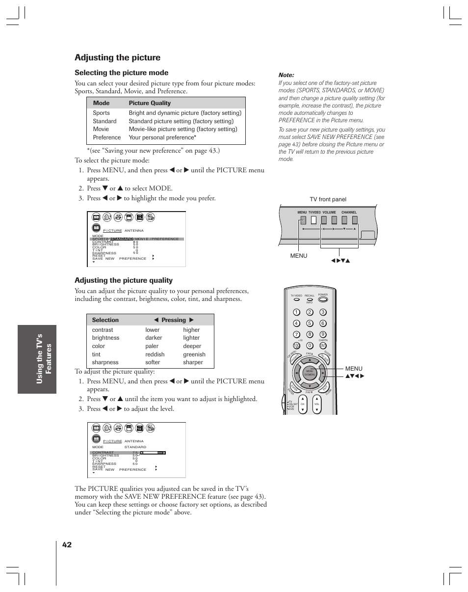 Adjusting the picture, Selecting the picture mode, Adjusting the picture quality | Menu x •zy, Menu yzx • tv front panel | Toshiba 34HF83 User Manual | Page 42 / 60
