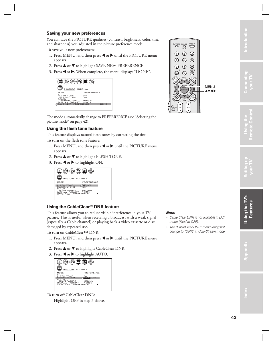 Saving your new preferences, Using the flesh tone feature, Using the cableclear™ dnr feature | Toshiba 34HF83 User Manual | Page 43 / 60