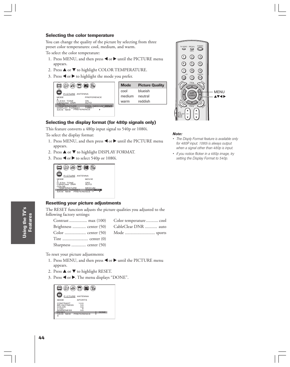 Selecting the color temperature, Resetting your picture adjustments, Menu yzx | Toshiba 34HF83 User Manual | Page 44 / 60