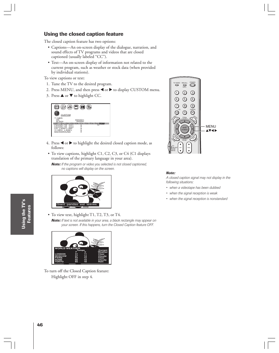 Closed caption, Using the closed caption feature, Menu yzx | Toshiba 34HF83 User Manual | Page 46 / 60