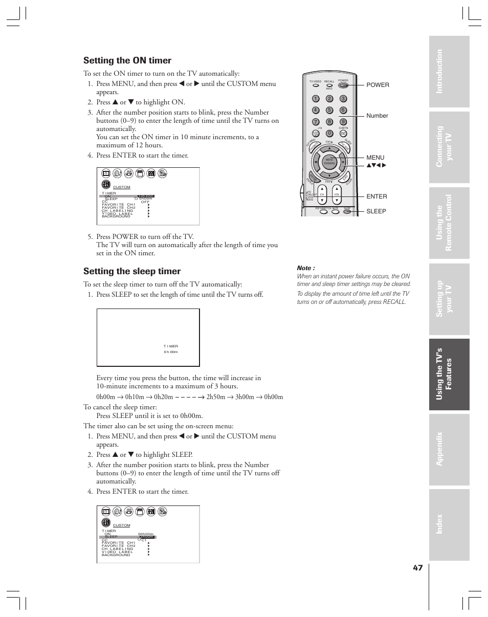 On timer / sleep timer, Setting the on timer, Setting the sleep timer | Enter power yzx • menu number sleep | Toshiba 34HF83 User Manual | Page 47 / 60