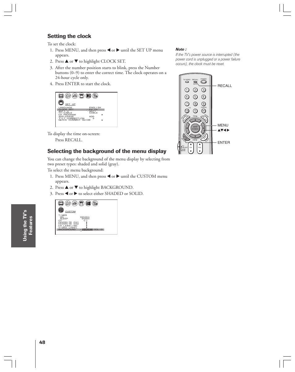 Setting the clock, Selecting the background of the menu display, Yzx • recall menu | Enter | Toshiba 34HF83 User Manual | Page 48 / 60