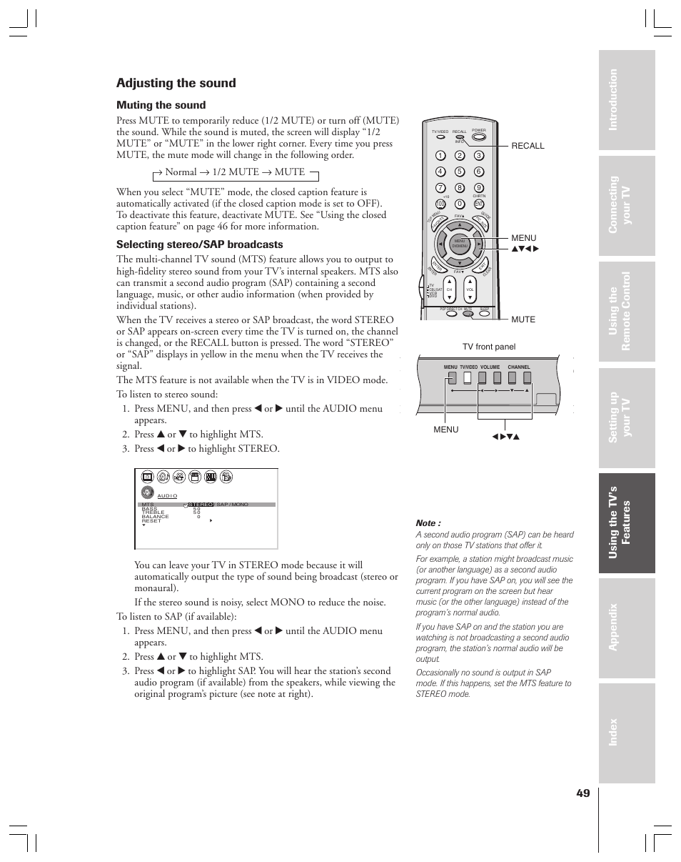 Adjusting the sound, Muting the sound, Selecting stereo/sap broadcasts | Recall mute, X •zy menu, Yzx • menu tv front panel | Toshiba 34HF83 User Manual | Page 49 / 60