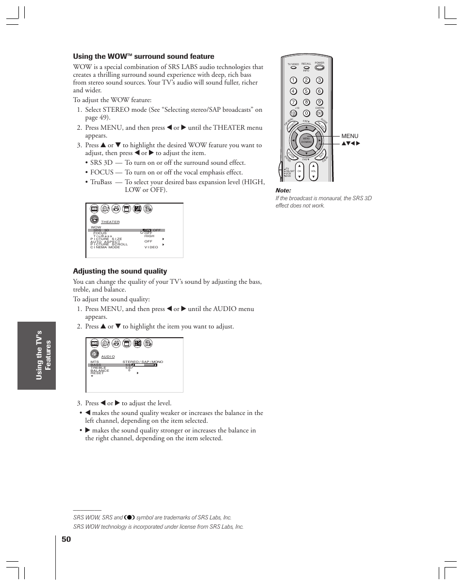 Using the wow™ surround sound feature, Adjusting the sound quality, Yzx • menu | Toshiba 34HF83 User Manual | Page 50 / 60