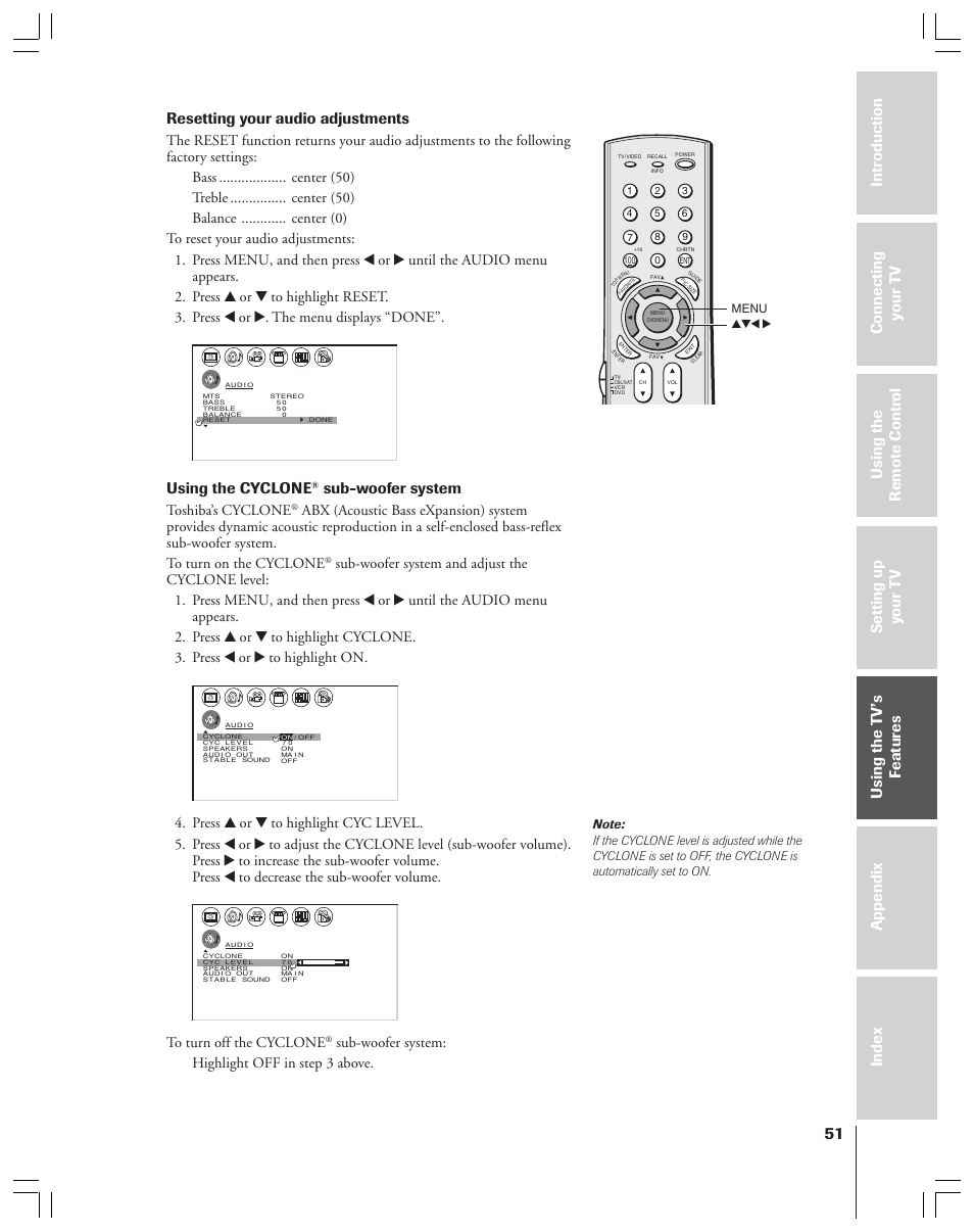 Resetting your audio adjustments, Using the cyclone, Sub-woofer system | Toshiba’s cyclone, Sub-woofer system: highlight off in step 3 above, Yzx • menu | Toshiba 34HF83 User Manual | Page 51 / 60