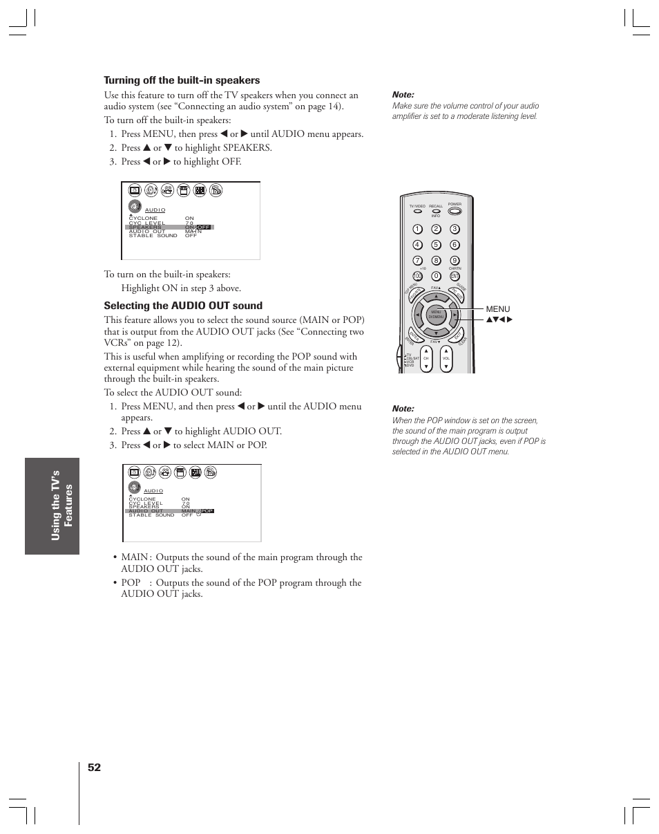 Turning off the built-in speakers, Selecting the audio out sound, Yzx • menu | Toshiba 34HF83 User Manual | Page 52 / 60