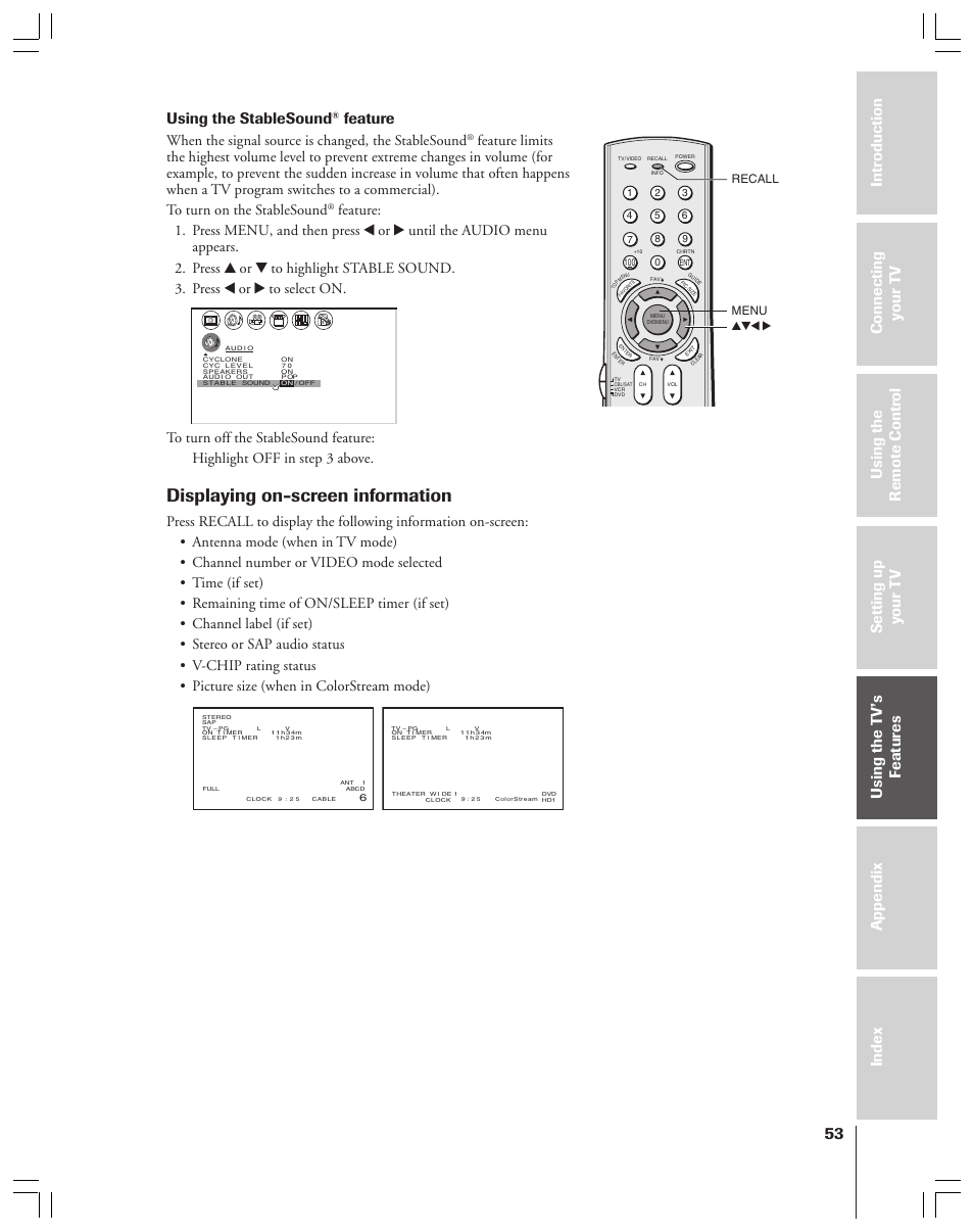 Displaying on-screen information, Using the stablesound, Feature | When the signal source is changed, the stablesound, Yzx • menu recall | Toshiba 34HF83 User Manual | Page 53 / 60