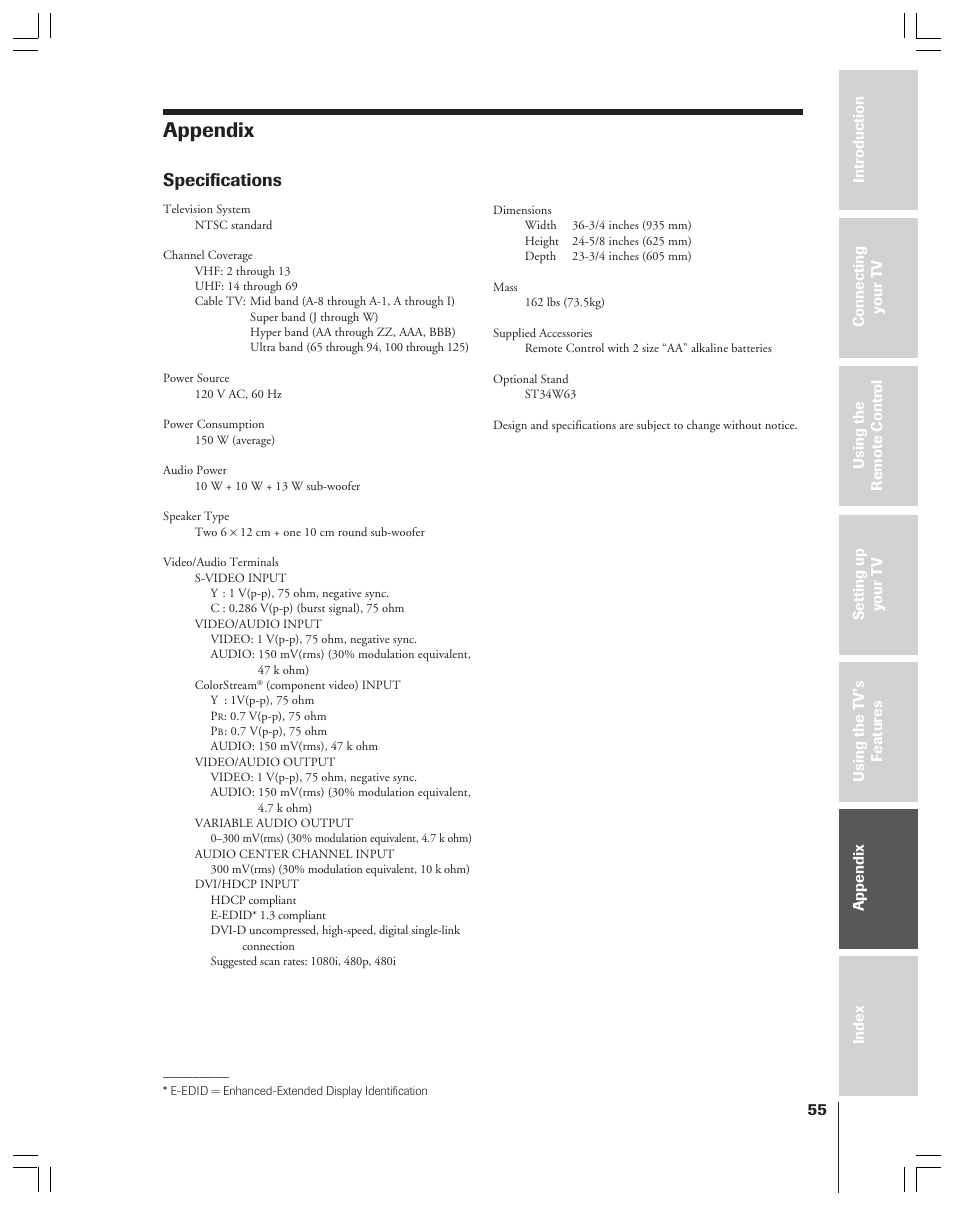 Appendix, Specifications | Toshiba 34HF83 User Manual | Page 55 / 60