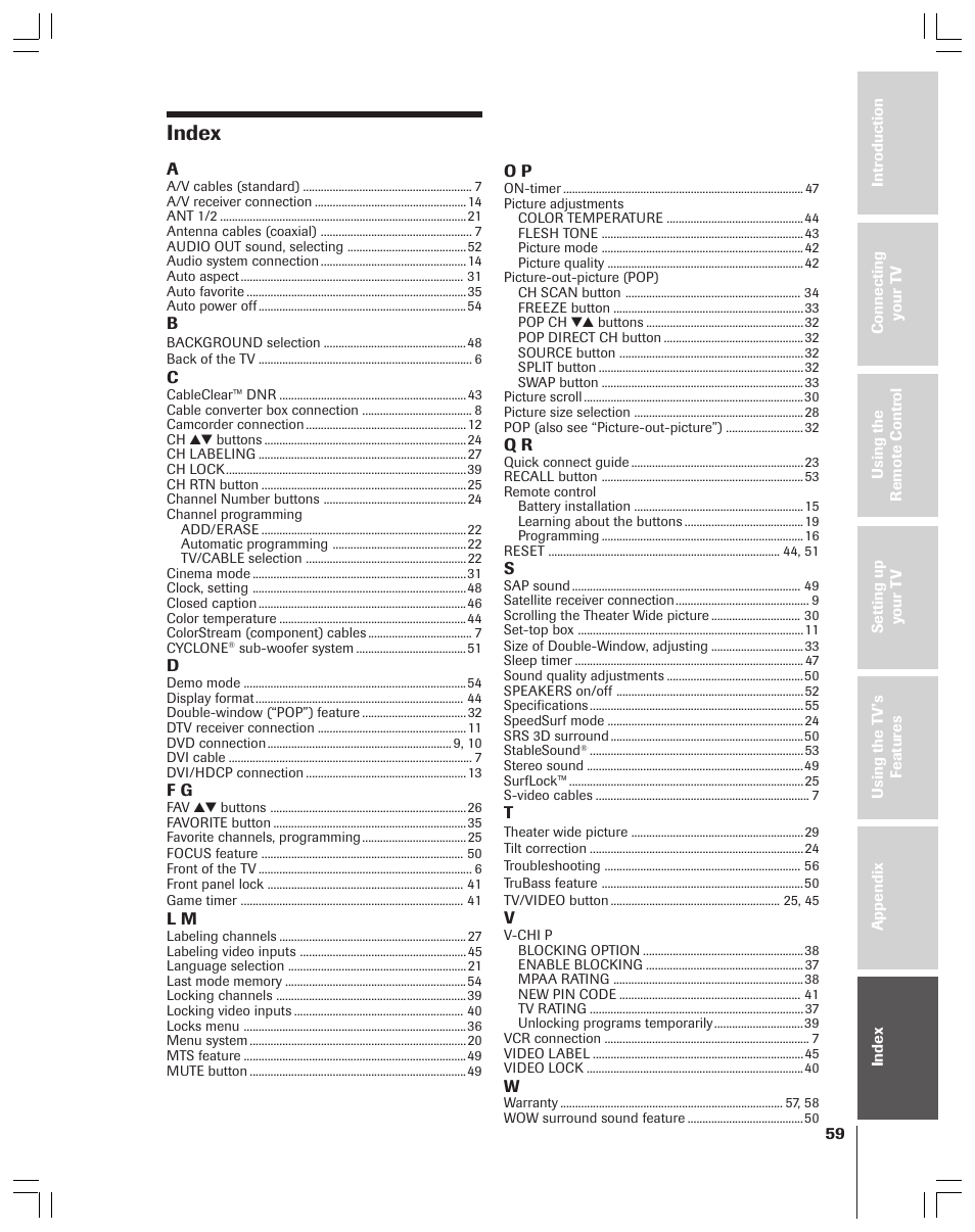 Index | Toshiba 34HF83 User Manual | Page 59 / 60