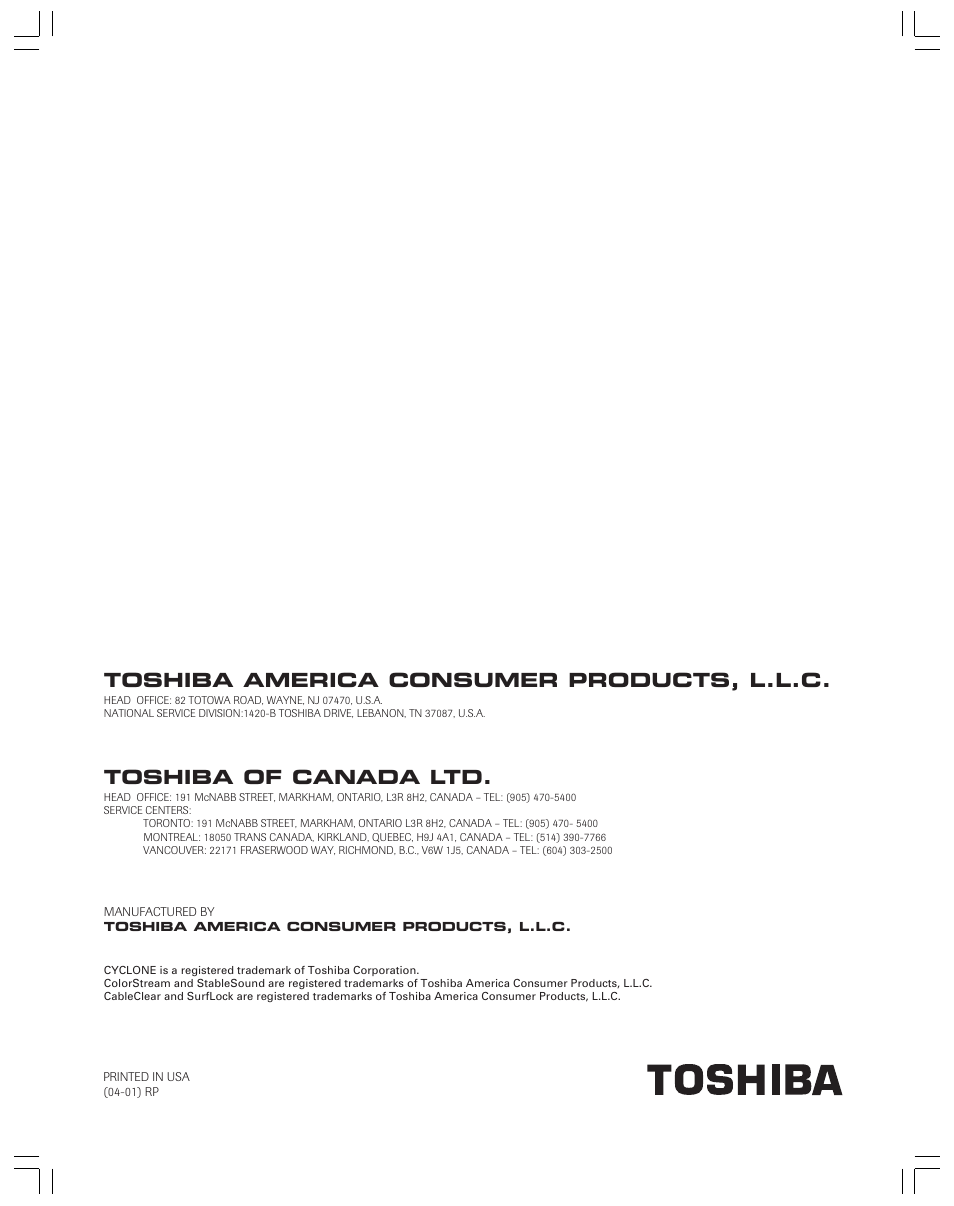 Back cover, Toshiba america consumer products, l.l.c, Toshiba of canada ltd | Toshiba 34HF83 User Manual | Page 60 / 60