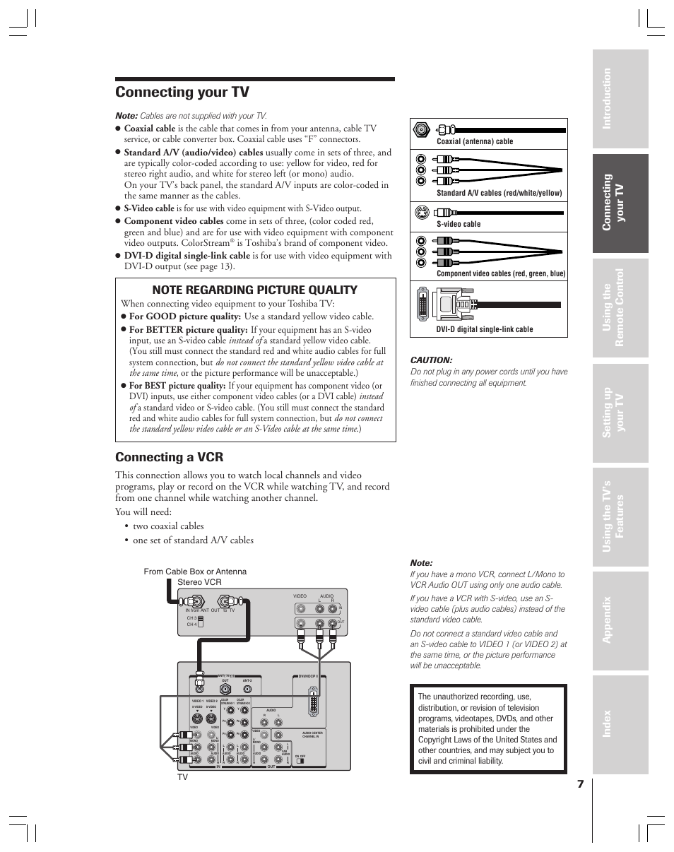 Connecting your tv, Connecting a vcr, Is toshiba’s brand of component video | When connecting video equipment to your toshiba tv | Toshiba 34HF83 User Manual | Page 7 / 60
