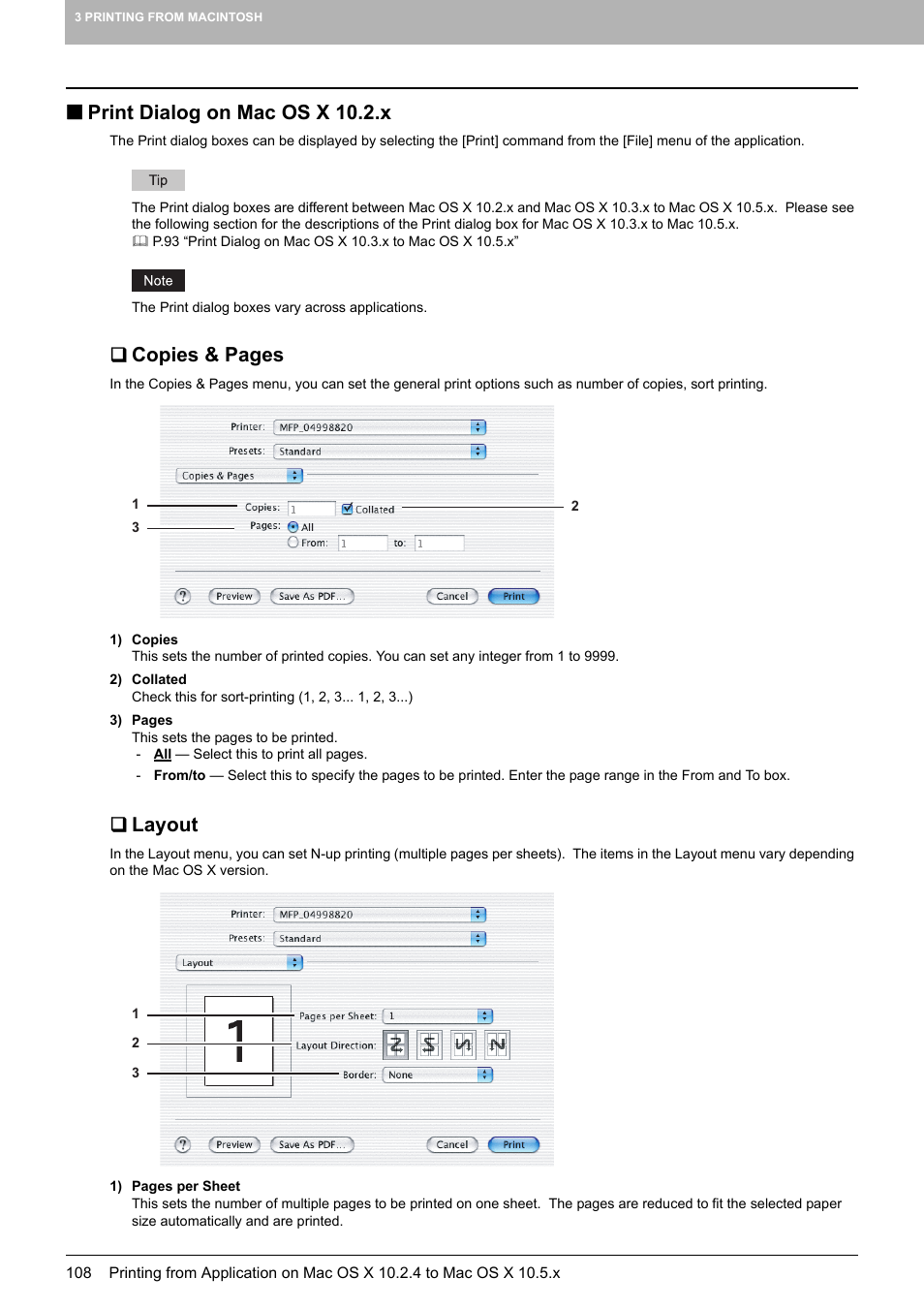 Print dialog on mac os x 10.2.x, Layout, P.108 “print dialog on mac os x 10.2.x | Copies & pages | Toshiba MULTIFUNCTIONAL DIGITAL COLOR SYSTEMS 3530C User Manual | Page 110 / 178