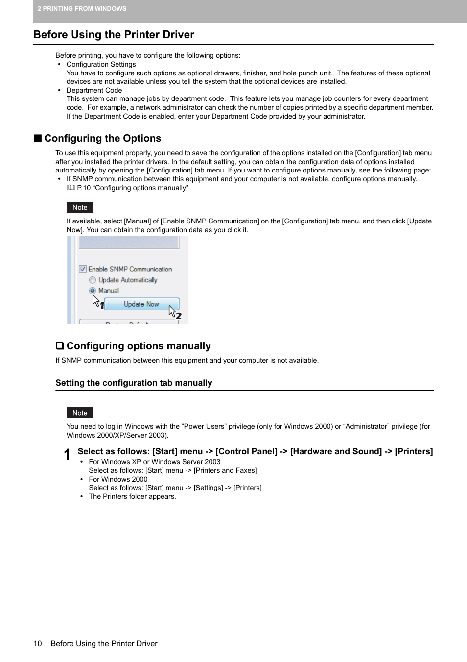 Before using the printer driver, Configuring the options, Configuring options manually | Toshiba MULTIFUNCTIONAL DIGITAL COLOR SYSTEMS 3530C User Manual | Page 12 / 178