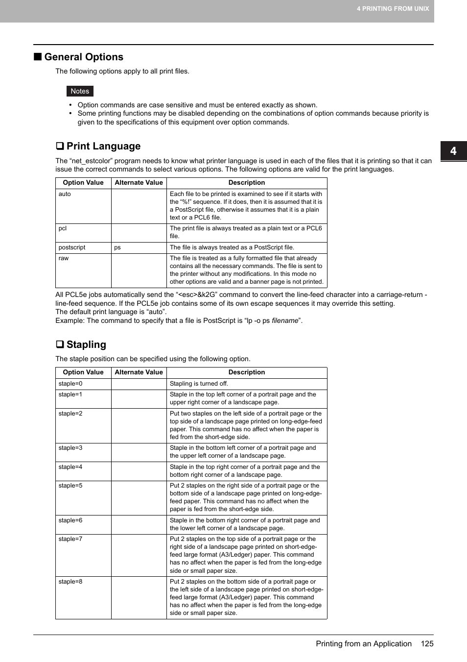 General options, Print language, Stapling | Toshiba MULTIFUNCTIONAL DIGITAL COLOR SYSTEMS 3530C User Manual | Page 127 / 178