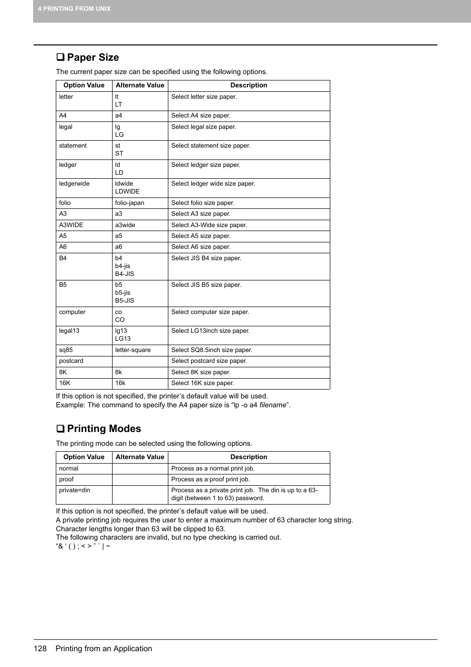 Paper size, Printing modes | Toshiba MULTIFUNCTIONAL DIGITAL COLOR SYSTEMS 3530C User Manual | Page 130 / 178