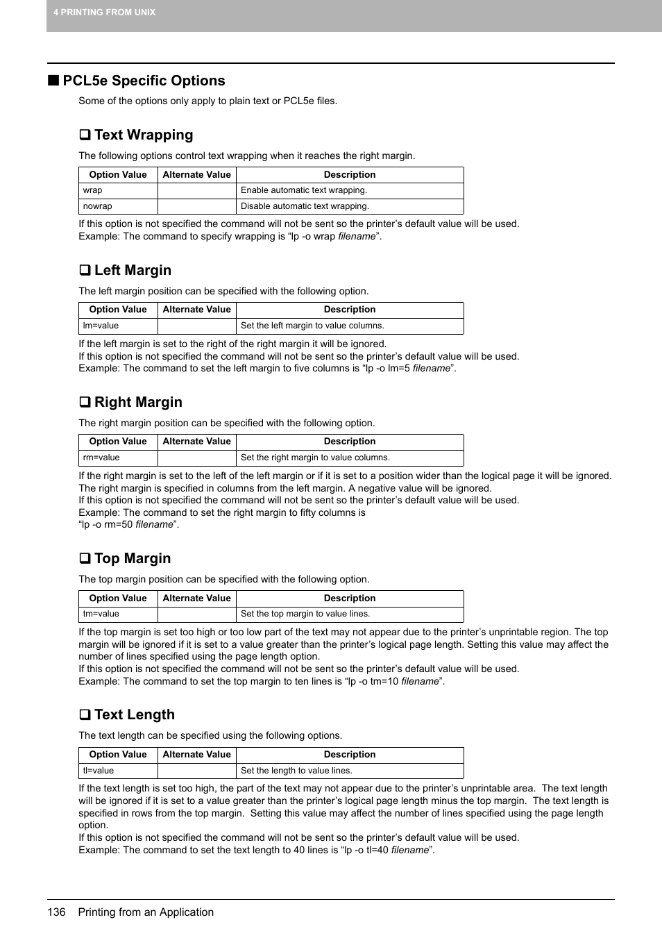 Pcl5e specific options, Text wrapping, Left margin | Right margin, Top margin, Text length | Toshiba MULTIFUNCTIONAL DIGITAL COLOR SYSTEMS 3530C User Manual | Page 138 / 178