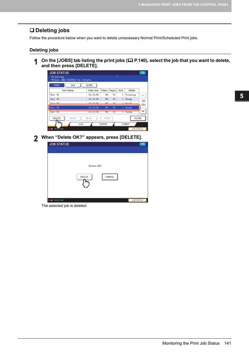 Deleting jobs | Toshiba MULTIFUNCTIONAL DIGITAL COLOR SYSTEMS 3530C User Manual | Page 143 / 178